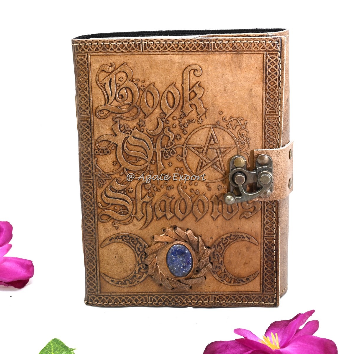 Leather `Book of Shadows` Journal with Lapis Lazuli and Flower of Life Design